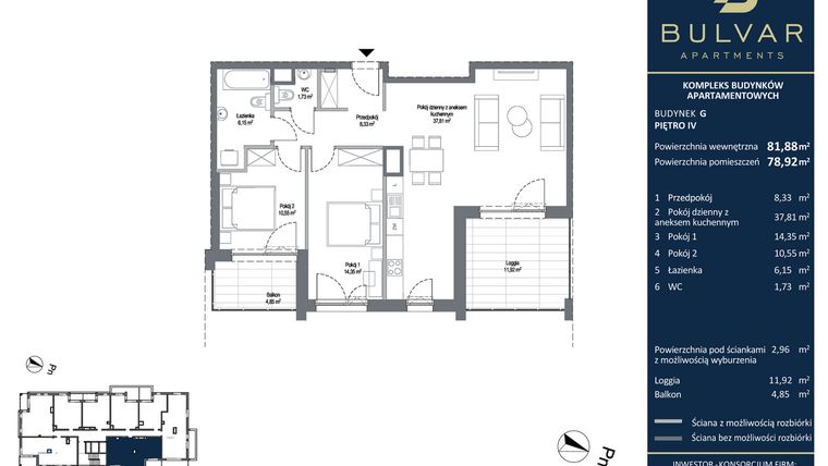 Rzut - Mieszkanie na sprzedaż 3 pokoje o powierzchni 81,67 m² - numer G.5.40 w Bulvar Apartments - etap I