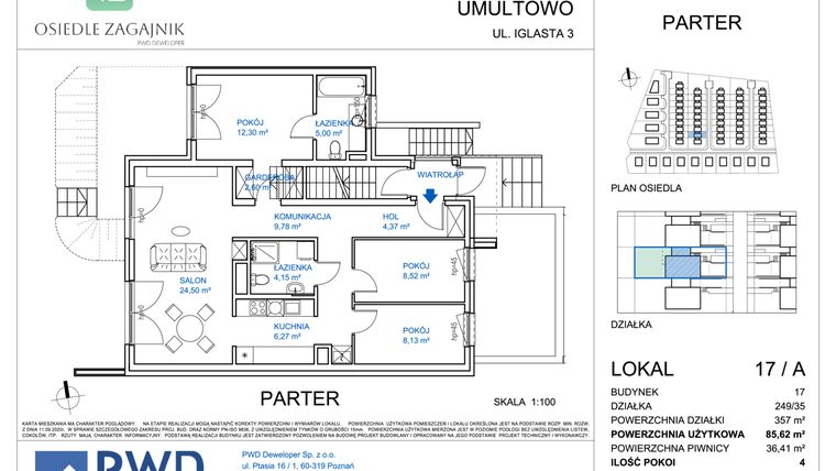 Rzut - Mieszkanie na sprzedaż 4 pokoje o powierzchni 85,62 m² - numer 17/A w Osiedle Zagajnik etap II - mieszkania