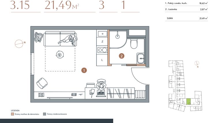 Rzut - Mieszkanie na sprzedaż 1 pokój o powierzchni 21,49 m² - numer 3.15 w Starowiejska 3