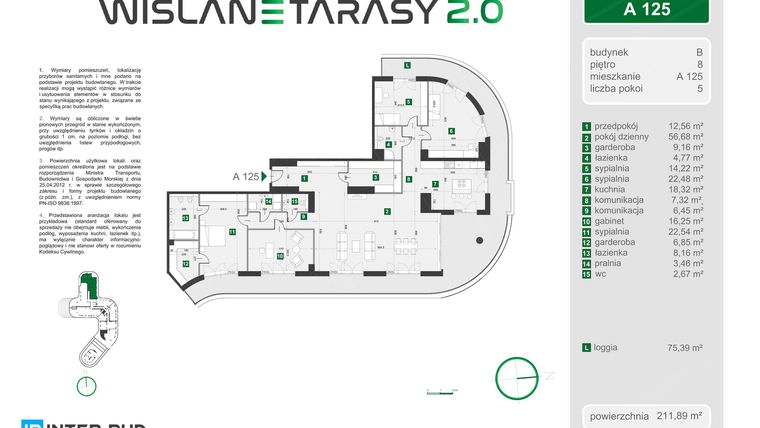 Rzut - Mieszkanie na sprzedaż 5 pokoi o powierzchni 211,89 m² - numer A.125 w Wiślane Tarasy 2.0 budynek B