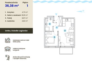 Rzut - Mieszkanie na sprzedaż 2 pokoje o powierzchni 36,38 m² - numer 1.6 w Ustka Flow