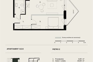 Rzut - Mieszkanie na sprzedaż 2 pokoje o powierzchni 46,12 m² - numer B/2/6 w Ogrodowa 12