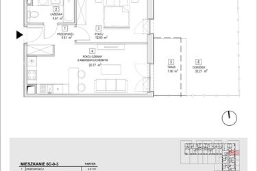 Rzut - Mieszkanie na sprzedaż 2 pokoje o powierzchni 42,39 m² - numer 6C-0-3 w Naramowice Odnova II