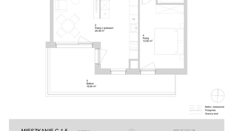 Rzut - Mieszkanie na sprzedaż 2 pokoje o powierzchni 54,68 m² - numer C.1.5 w ATAL Parkowa