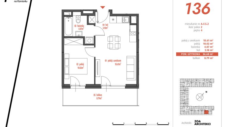 Rzut - Mieszkanie na sprzedaż 2 pokoje o powierzchni 36,68 m² - numer AF5.2 w PUR