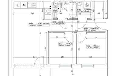 Rzut - Mieszkanie na sprzedaż 3 pokoje o powierzchni 45,39 m² - numer 13 w Bydgoska 19