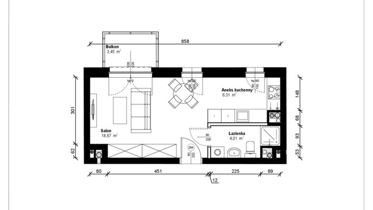 Rzut - Mieszkanie na sprzedaż 1 pokój o powierzchni 29,53 m² - numer B.1.25.1k w ATRIUM