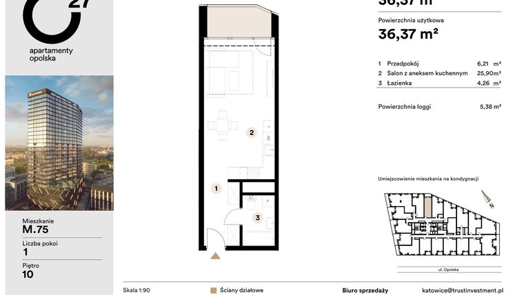 Rzut - Mieszkanie na sprzedaż 1 pokój o powierzchni 36,37 m² - numer M.75 w O27 Apartamenty Opolska