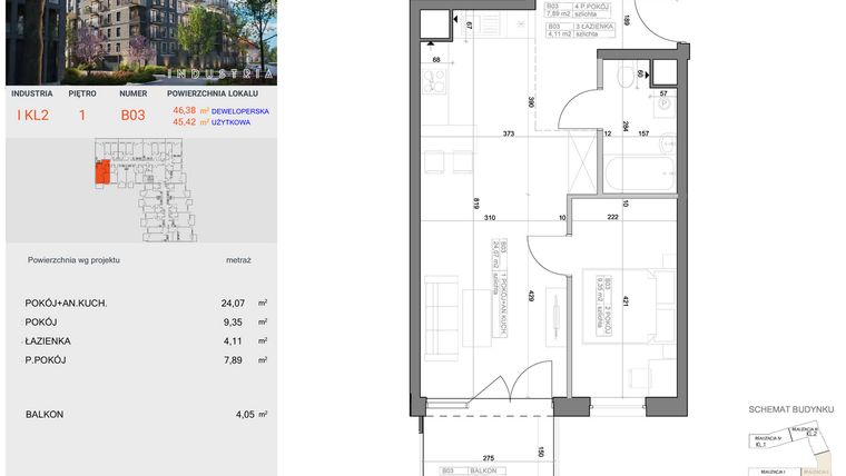 Rzut - Mieszkanie na sprzedaż 2 pokoje o powierzchni 45,42 m² - numer I-B3 w Industria etap I-B