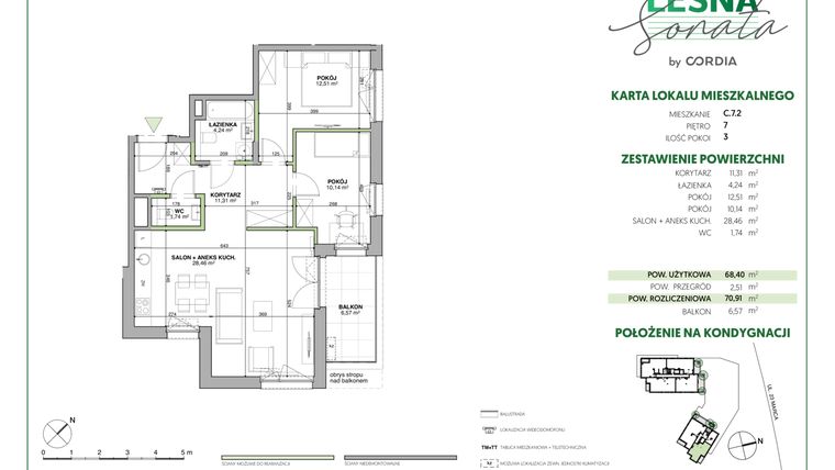 Rzut - Mieszkanie na sprzedaż 3 pokoje o powierzchni 71,03 m² - numer C.7.2 w Leśna Sonata