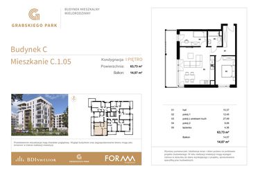 Rzut - Mieszkanie na sprzedaż 3 pokoje o powierzchni 63,73 m² - numer C.1.05 w Grabskiego Park