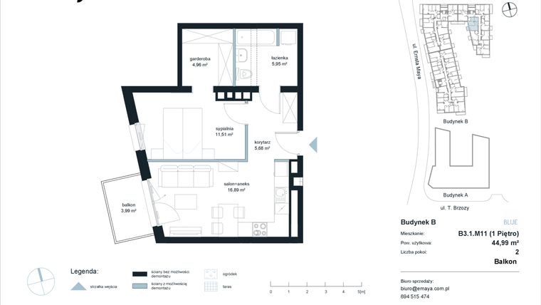 Rzut - Mieszkanie na sprzedaż 2 pokoje o powierzchni 44,99 m² - numer B3.1.M11 w EMaya