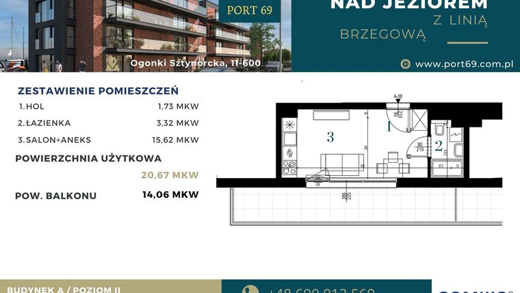Rzut - Mieszkanie na sprzedaż 1 pokój o powierzchni 20,67 m² - numer A-38 w Port 69