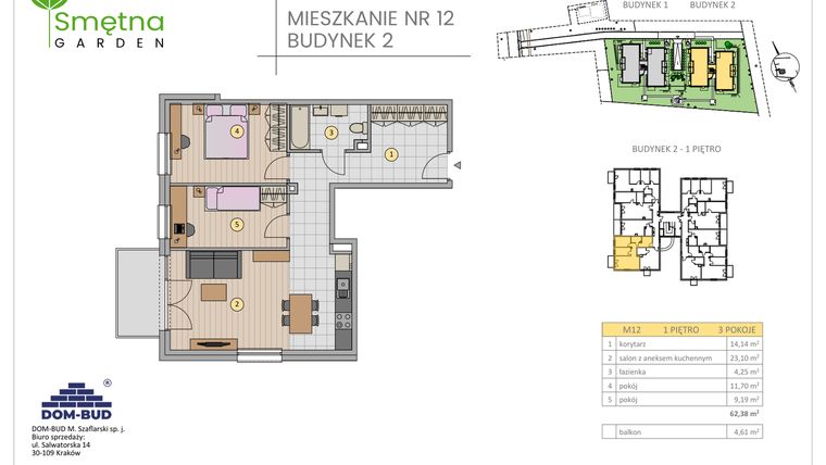 Rzut - Mieszkanie na sprzedaż 3 pokoje o powierzchni 62,38 m² - numer 12 w Smętna Garden