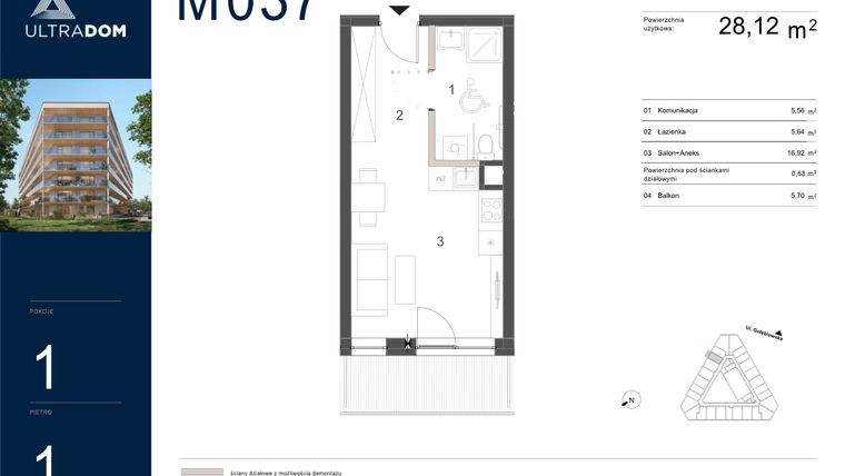 Rzut - Mieszkanie na sprzedaż 1 pokój o powierzchni 28,8 m² - numer M037 w Ultradom