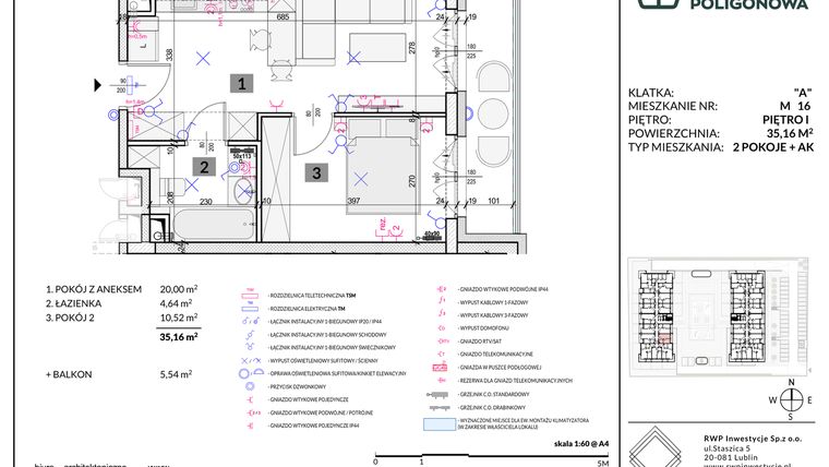 Rzut - Mieszkanie na sprzedaż 2 pokoje o powierzchni 35,16 m² - numer 16 w Apartamenty Poligonowa etap 5