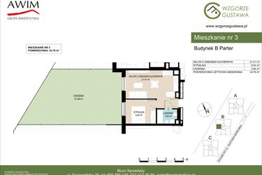 Rzut - Mieszkanie na sprzedaż 2 pokoje o powierzchni 34,79 m² - numer B3 w Wzgórze Gustawa