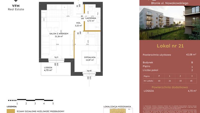 Rzut - Mieszkanie na sprzedaż 2 pokoje o powierzchni 42,08 m² - numer 21 w Stacja Błonie etap II