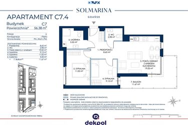 Rzut - Mieszkanie na sprzedaż 3 pokoje o powierzchni 56,38 m² - numer C7.4 w Sol Marina etap III
