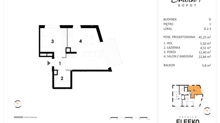 Rzut - Mieszkanie na sprzedaż 2 pokoje o powierzchni 45,25 m² - numer D.2.3 w Smolna 4