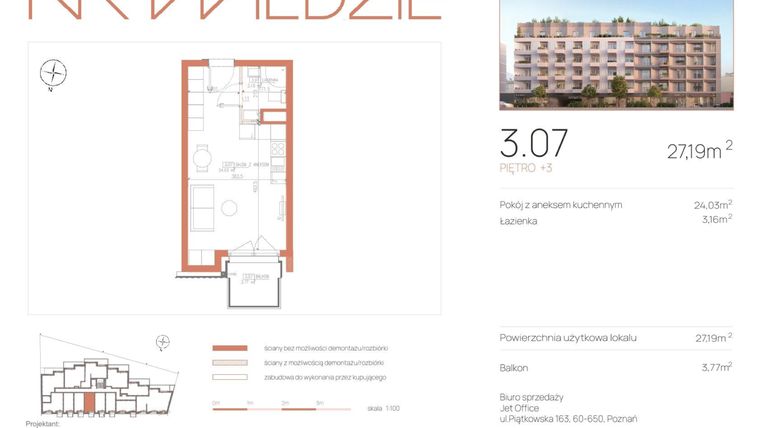 Rzut - Mieszkanie na sprzedaż 1 pokój o powierzchni 27,19 m² - numer 3.07 w Na Wildzie