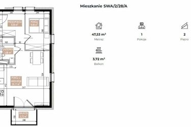 Rzut - Mieszkanie na sprzedaż 2 pokoje o powierzchni 47,53 m² - numer SWA/2/28/A w Apartamenty Świeradowska
