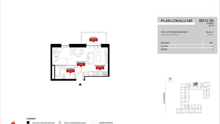 Rzut - Mieszkanie na sprzedaż 1 pokój o powierzchni 29,23 m² - numer BR12/58 w Browary Wrocławskie 2
