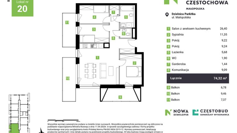 Rzut - Mieszkanie na sprzedaż 4 pokoje o powierzchni 74,32 m² - numer C20 w Nowa Częstochowa Małopolska