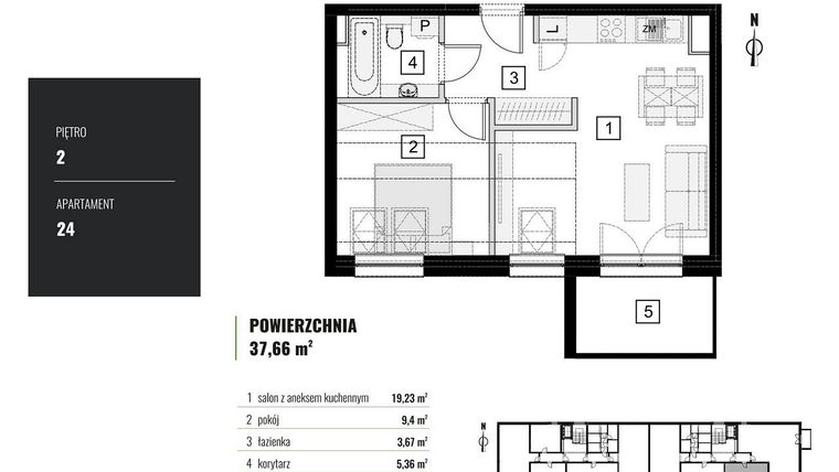 Rzut - Mieszkanie na sprzedaż 2 pokoje o powierzchni 37,66 m² - numer M.24 w Zielony Horyzont II