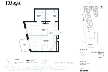 Rzut - Mieszkanie na sprzedaż 2 pokoje o powierzchni 44,99 m² - numer B3.2.M18 w EMaya