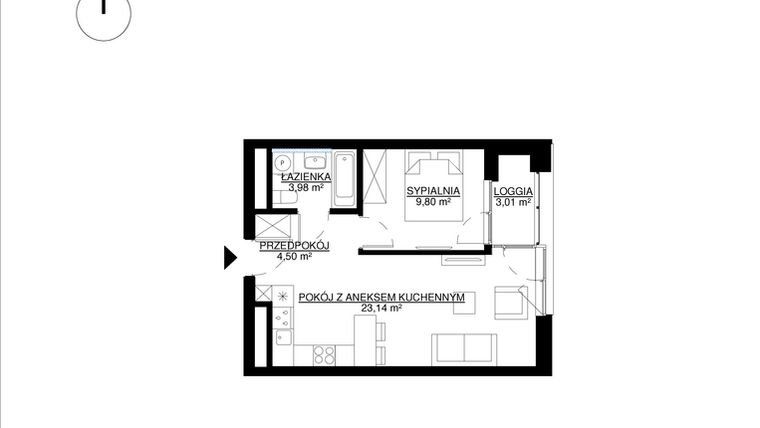 Rzut - Mieszkanie na sprzedaż 2 pokoje o powierzchni 41,42 m² - numer M42 w KrakoVska etap 2