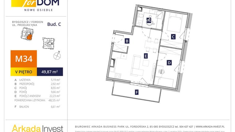 Rzut - Mieszkanie na sprzedaż 3 pokoje o powierzchni 48,58 m² - numer M34_F.c w Osiedle forDOM – etap C