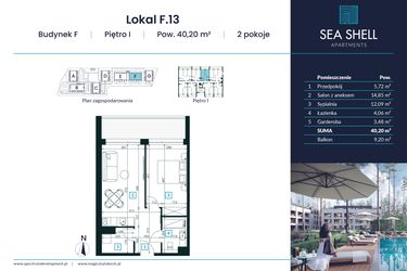 Rzut - Mieszkanie na sprzedaż 2 pokoje o powierzchni 40,2 m² - numer F.13 w Magiczny Łukęcin
