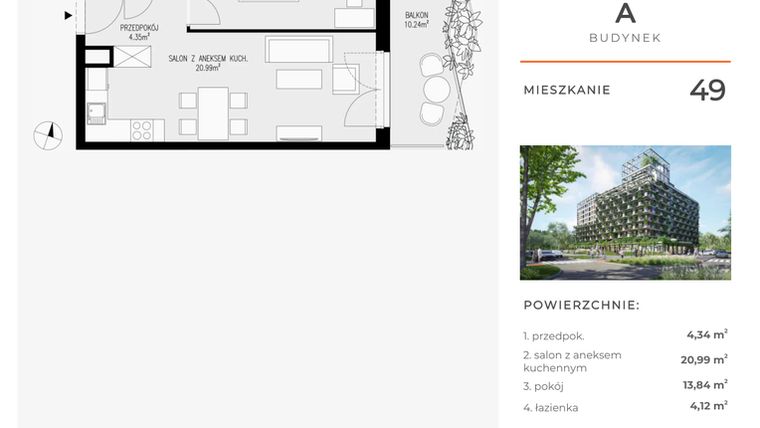 Rzut - Mieszkanie na sprzedaż 2 pokoje o powierzchni 43,29 m² - numer 49 w Semiramis