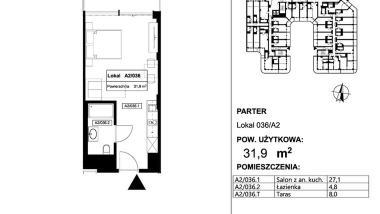 Rzut - Mieszkanie na sprzedaż 1 pokój o powierzchni 31,9 m² - numer 036 w Apollo Resort