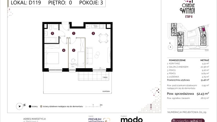 Rzut - Mieszkanie na sprzedaż 3 pokoje o powierzchni 52,43 m² - numer D119 w Osiedle Witaj etap II