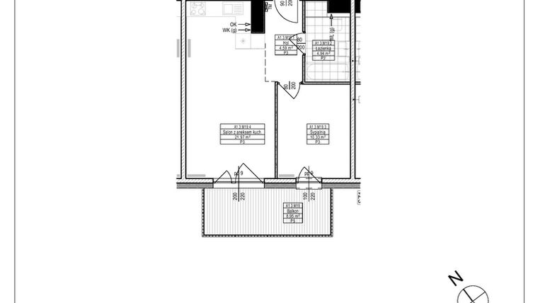 Rzut - Mieszkanie na sprzedaż 2 pokoje o powierzchni 41,83 m² - numer A1.19 w Osiedle Zielone bud. A1, B8