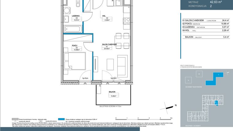 Rzut - Mieszkanie na sprzedaż 2 pokoje o powierzchni 42,6 m² - numer L2.2.10 w Nordic Bemowo - etap III