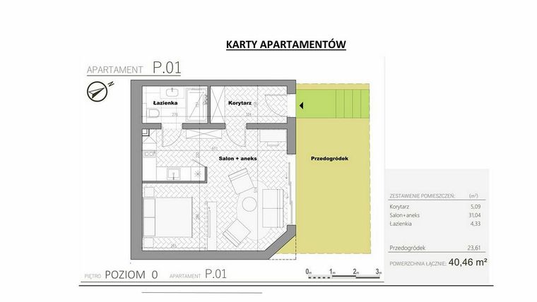 Rzut - Mieszkanie na sprzedaż 1 pokój o powierzchni 40,46 m² - numer 0.1 w Villa Książąt Pomorskich