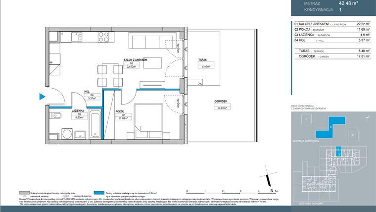 Rzut - Mieszkanie na sprzedaż 2 pokoje o powierzchni 42,48 m² - numer D2.1.05 w Nordic Bemowo - etap IV