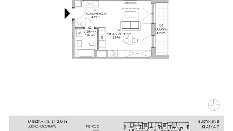Rzut - Mieszkanie na sprzedaż 1 pokój o powierzchni 33,61 m² - numer BII.2.M56 w Przewóz 42 ATAL II