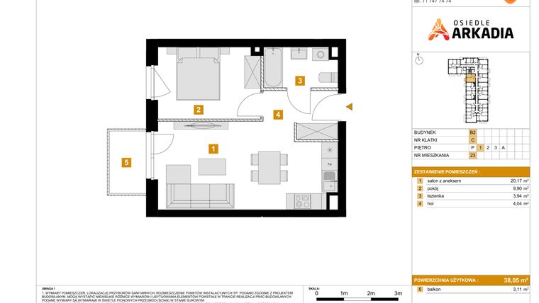 Rzut - Mieszkanie na sprzedaż 2 pokoje o powierzchni 38,05 m² - numer 23 w Osiedle Arkadia