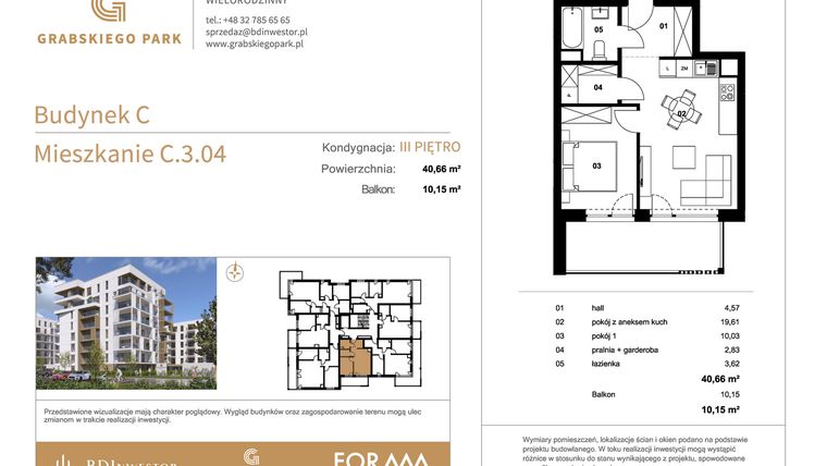 Rzut - Mieszkanie na sprzedaż 2 pokoje o powierzchni 40,66 m² - numer C.3.04 w Grabskiego Park