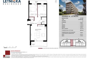 Rzut - Mieszkanie na sprzedaż 3 pokoje o powierzchni 65,78 m² - numer A.5.30 w Letnicka Residence