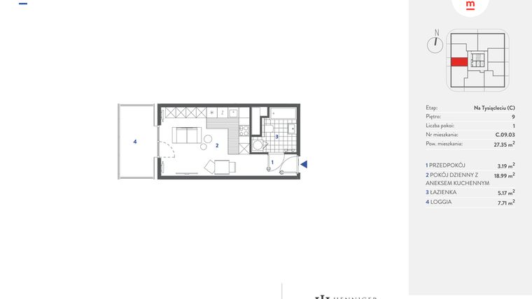 Rzut - Mieszkanie na sprzedaż 1 pokój o powierzchni 27,32 m² - numer C.09.03 w Mieszkaj w mieście - Na Tysiącleciu budynek C