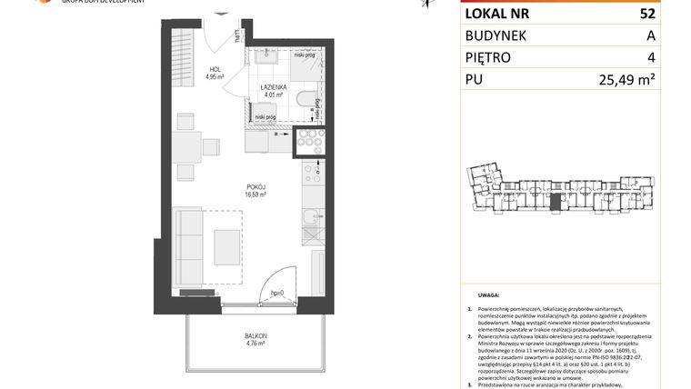 Rzut - Mieszkanie na sprzedaż 1 pokój o powierzchni 25,49 m² - numer A52 w Osiedle Warszawska etap IV