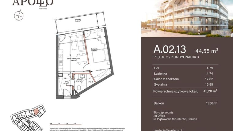 Rzut - Mieszkanie na sprzedaż 2 pokoje o powierzchni 43,2 m² - numer A.2.13 w Apollo Residence