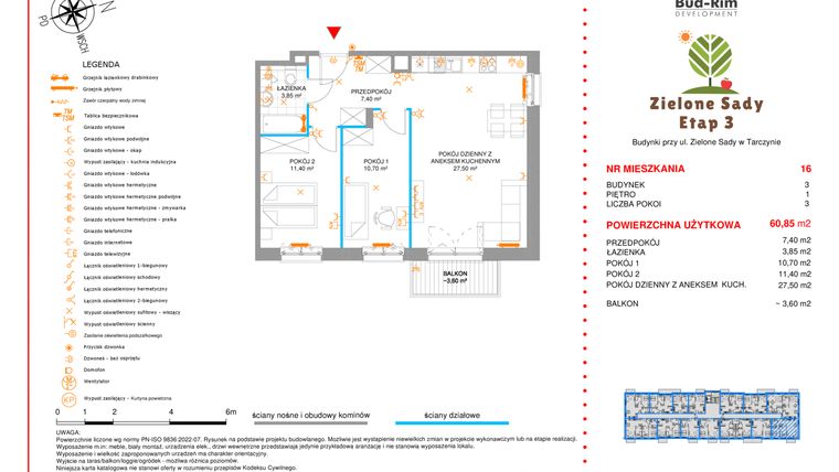 Rzut - Mieszkanie na sprzedaż 3 pokoje o powierzchni 60,85 m² - numer 16 w Zielone Sady etap III