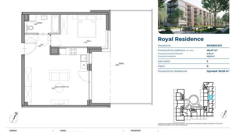 Rzut - Mieszkanie na sprzedaż 2 pokoje o powierzchni 45,54 m² - numer RR/6B/E/0/3 w Royal Residence 6B