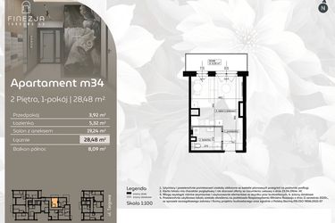 Rzut - Mieszkanie na sprzedaż 1 pokój o powierzchni 28,48 m² - numer M34 w Finezja Targowa 49